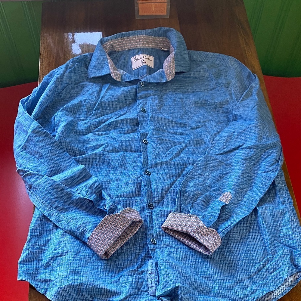 Robert Graham Blue Textured Button-Down Shirt with Contrast Trim